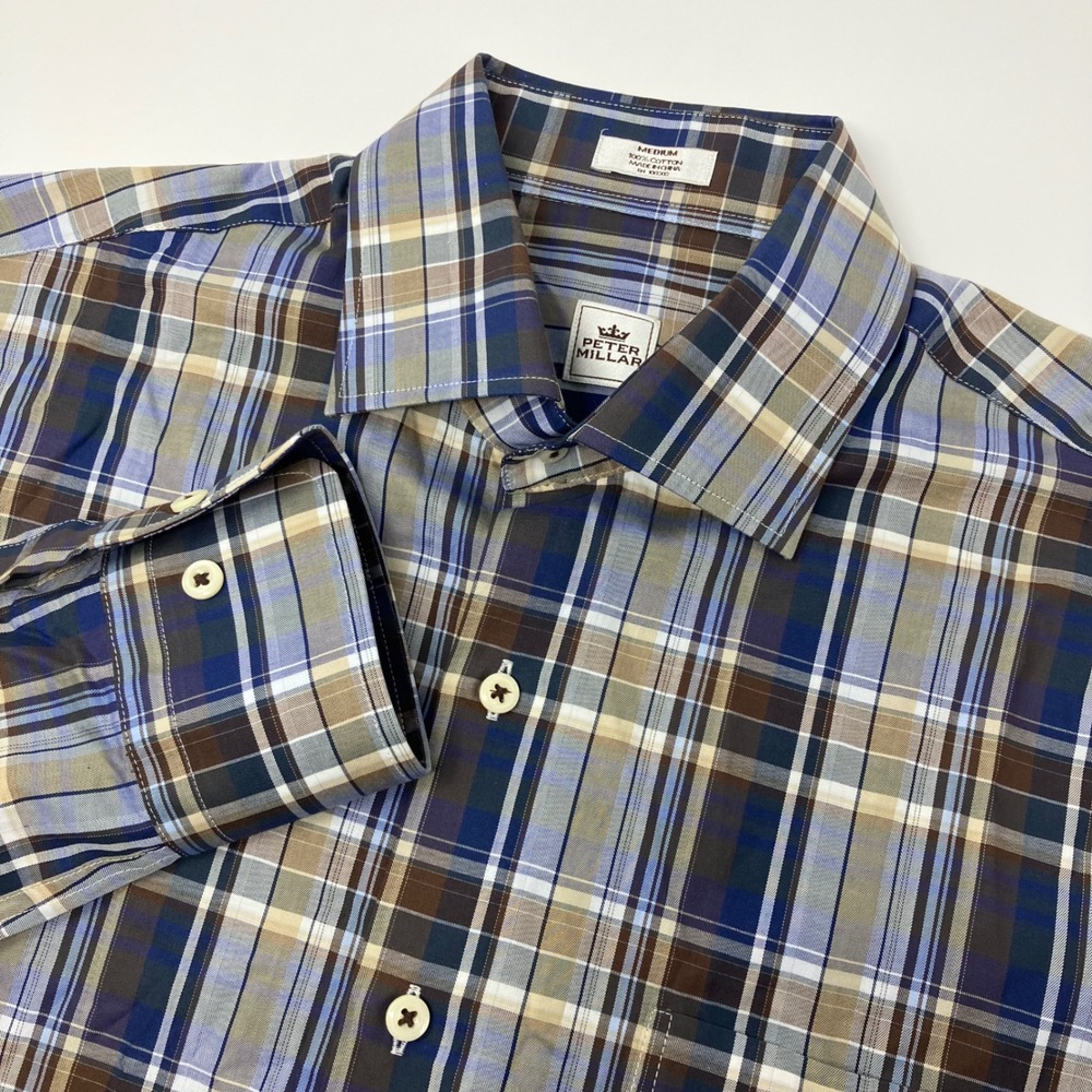 Peter Millar Plaid Dress Shirt Men's Medium Checkered Long Sleeve